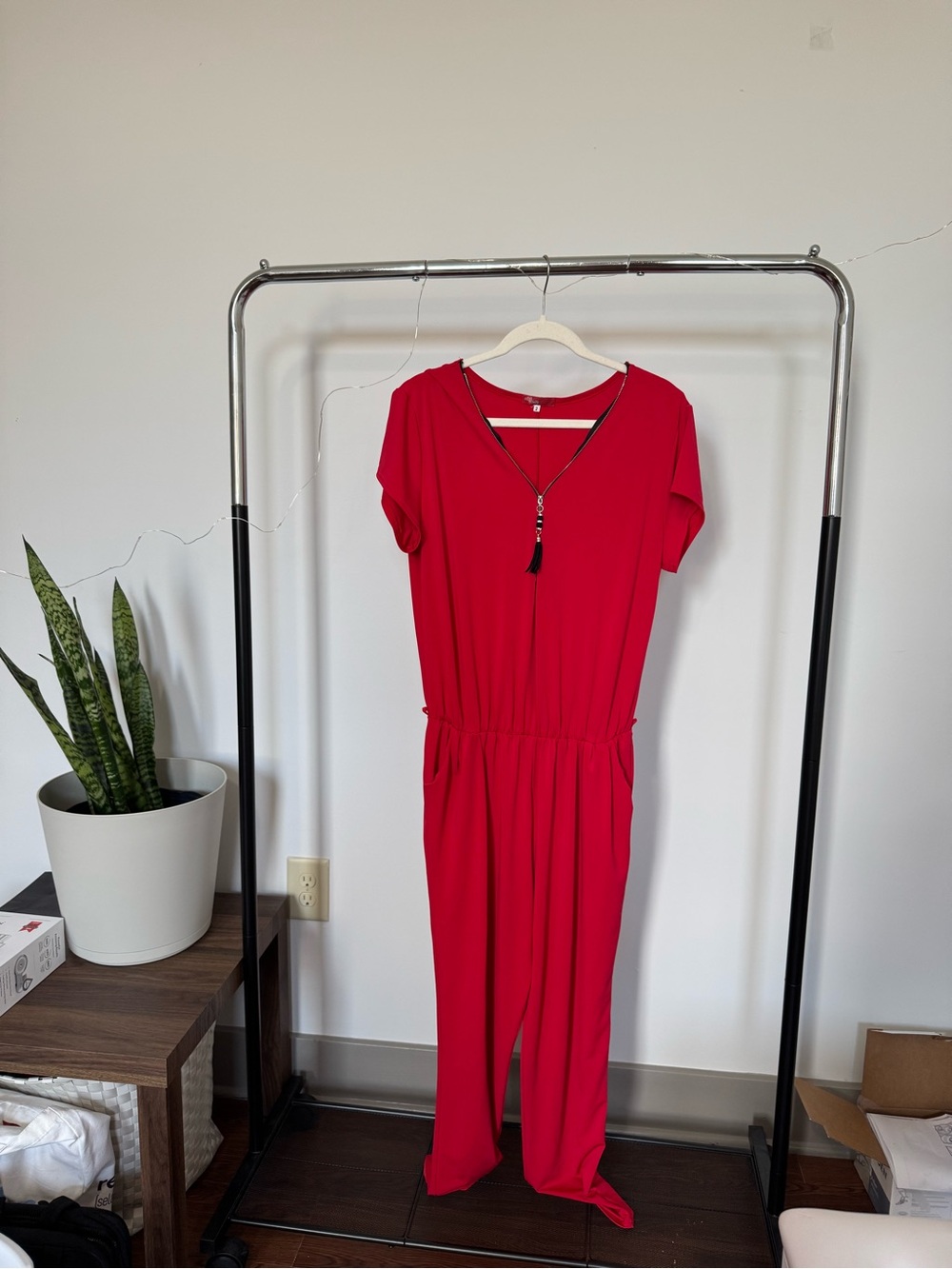 Women’s Red Short-Sleeve Jumpsuit with Zipper Detail